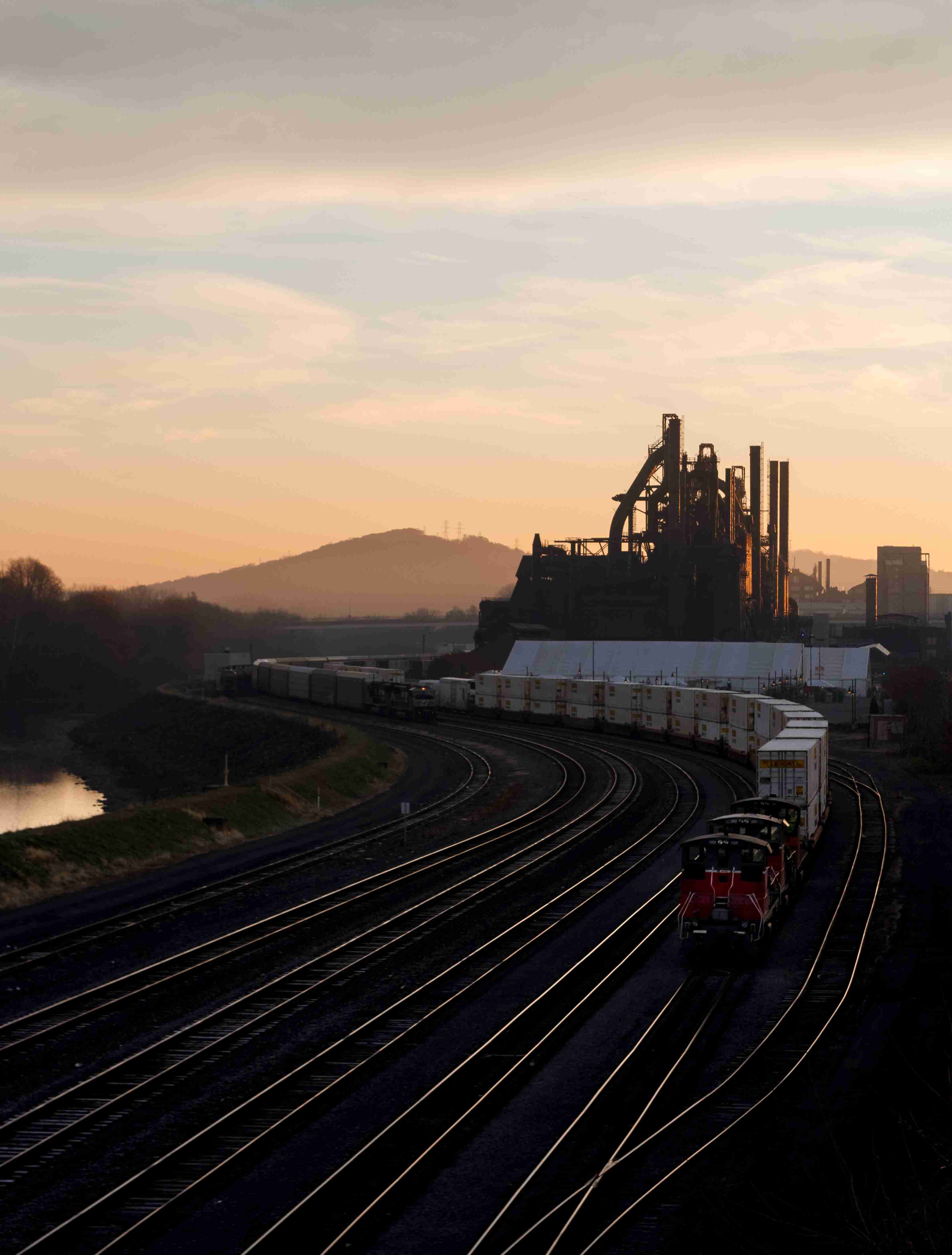 Cargo trains & Bethlehem Steel at dawn. — Bethlehem, PA.